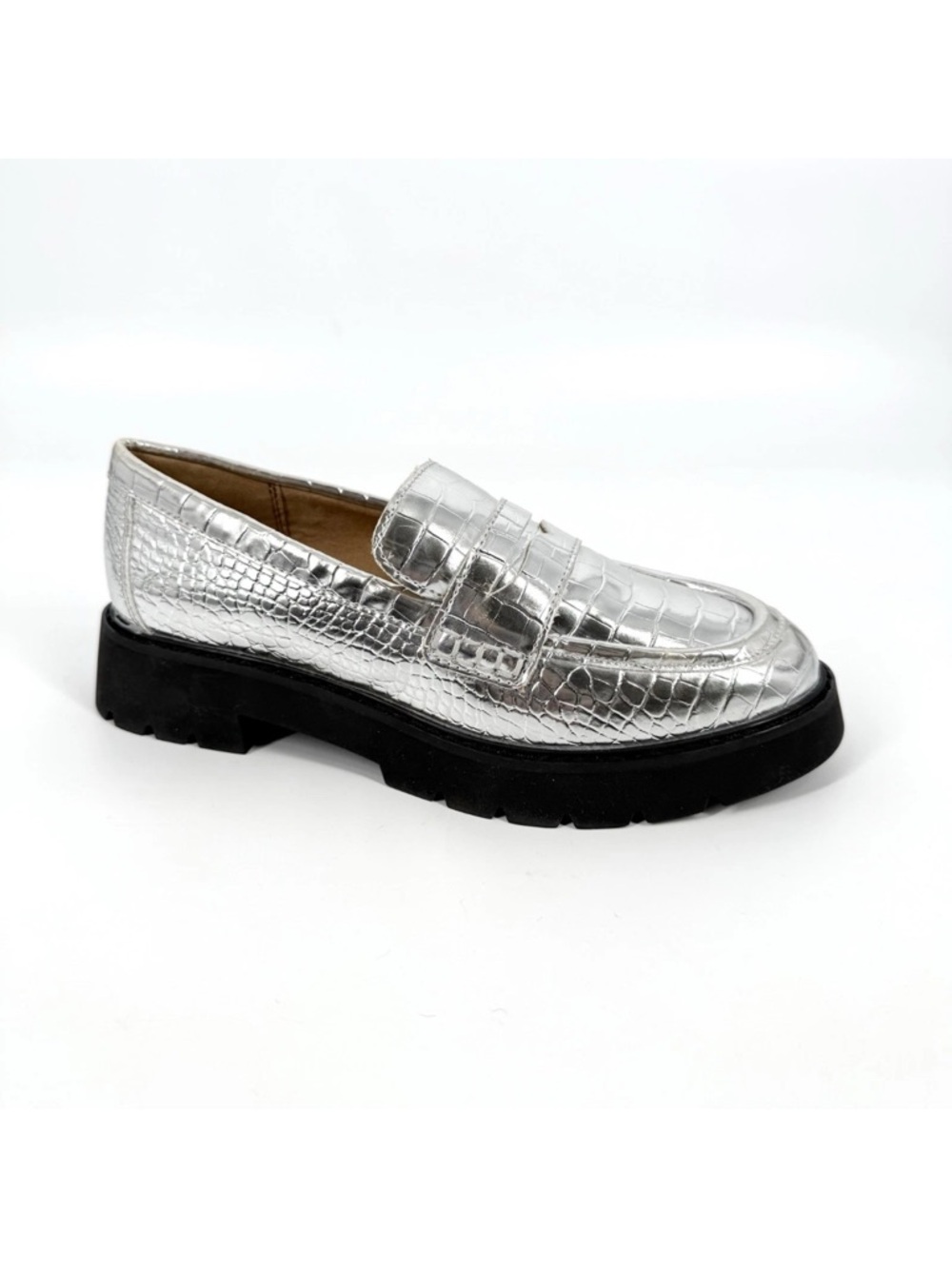 J Crew Factory Lug Sole Penny Loafers Womens Size 7 Silver Croc Embossed Shoes